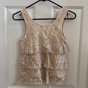 Pins And Needles Elegant Cream Silver Metallic Lace Tiered Women's Top